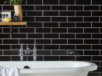 Jet Black Porcelanosa Wall Tile In Bathroom With Contrasting White Bath Tub