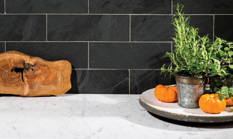 Black Slate Rectangular Wall Tiles In Kitchen